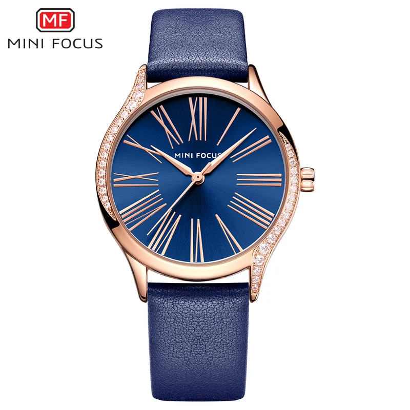 BLUE MINIFOCUS, классические, элегантные, синие, кожаные, женские часы, Iced Out, кварцевые, женские часы, водонепроницаемые, простой дизайн, модные, женские часы - Цвет: BLUE
