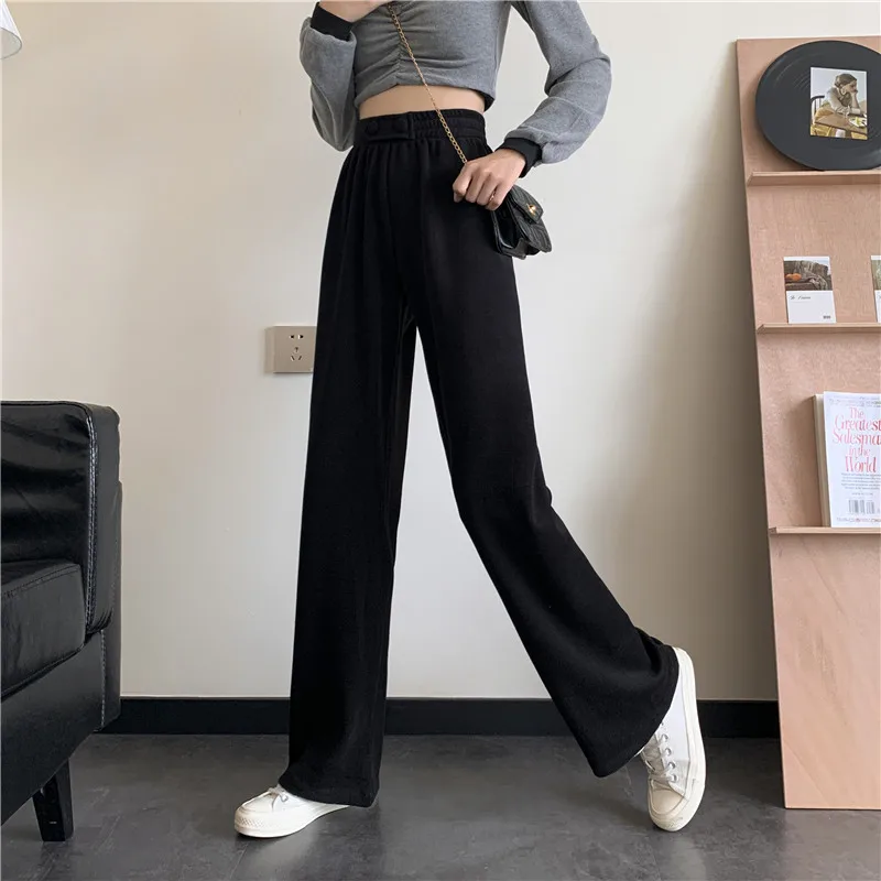 

Women Casual Pants Solid High Waist Button Loose Straight Trendy Females Leisure Chic Street All-match Warm Soft Korean Style