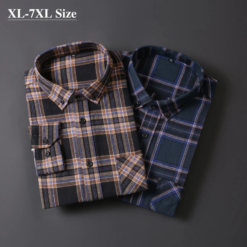 

Plus Size 5XL 6XL 7XL 100% Cotton Brand Men's Long Sleeve Shirt Autumn Fashion Plaid Business Casual Loose Shirt Male Clothes