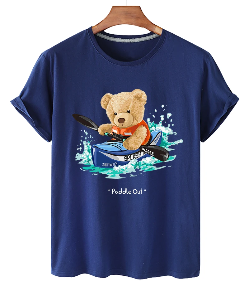 Fashion bear summer T-shirt trend cartoon kayaking handsome bear casual large size short sleeve T-shirt men's and women's tops