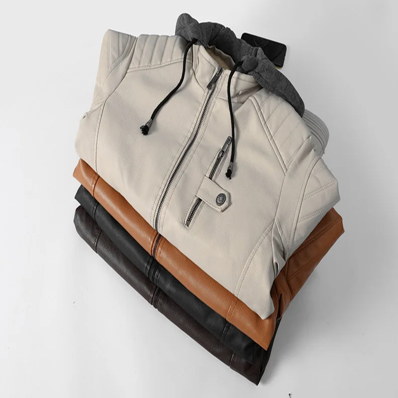 

New Brand Motorcycle Leather Jackets Men Hooded PU Leather Coats Autumn Winter Fleece Zippers Leather Jacket Male Clothing