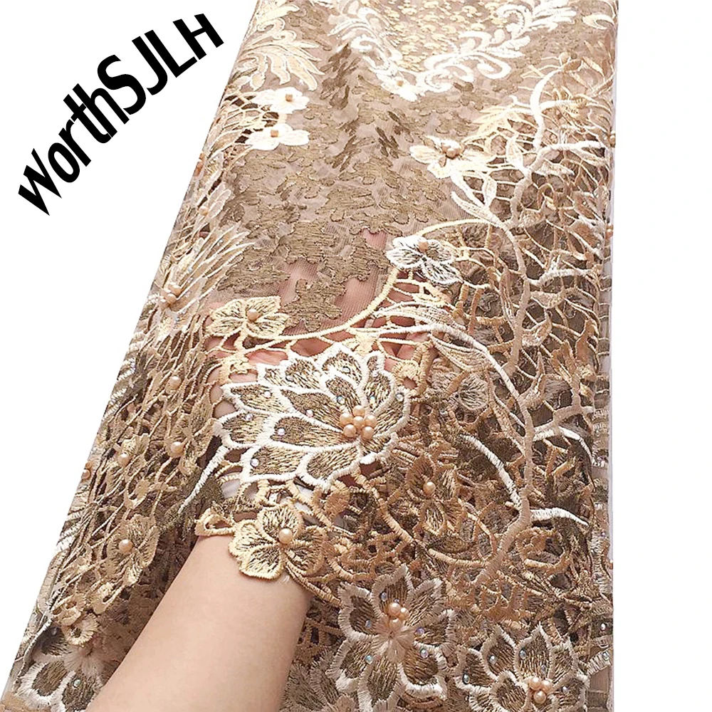 

Gold African Cord Lace Fabric Water Soluble Wedding Dress Lace Material Stones 2020 High Quality Nigerian Guipure Lace Fabric