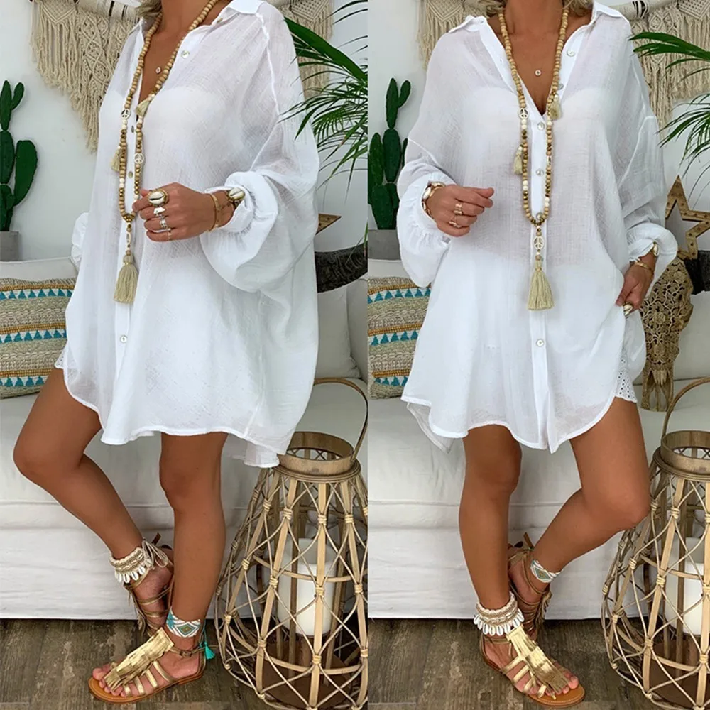 Хлопковые льняные Женские топы и блузки с длинным рукавом отложным воротником