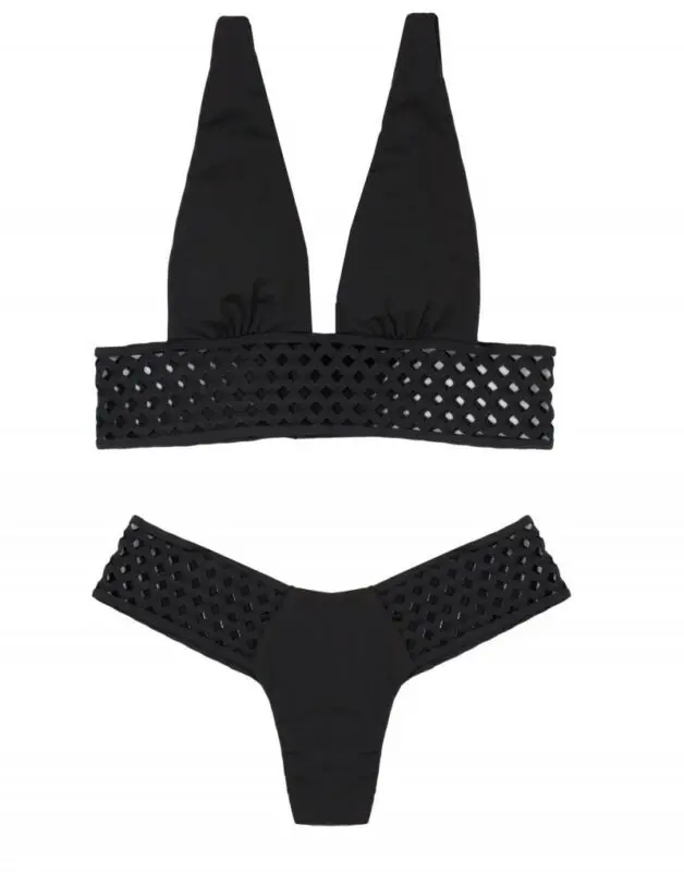 

US Stock Women Summer Sexy Lady Beach Black Swimsuit Mesh Push-up Padded Bandage Bikini Set Swimsuit Swimwear Bathing