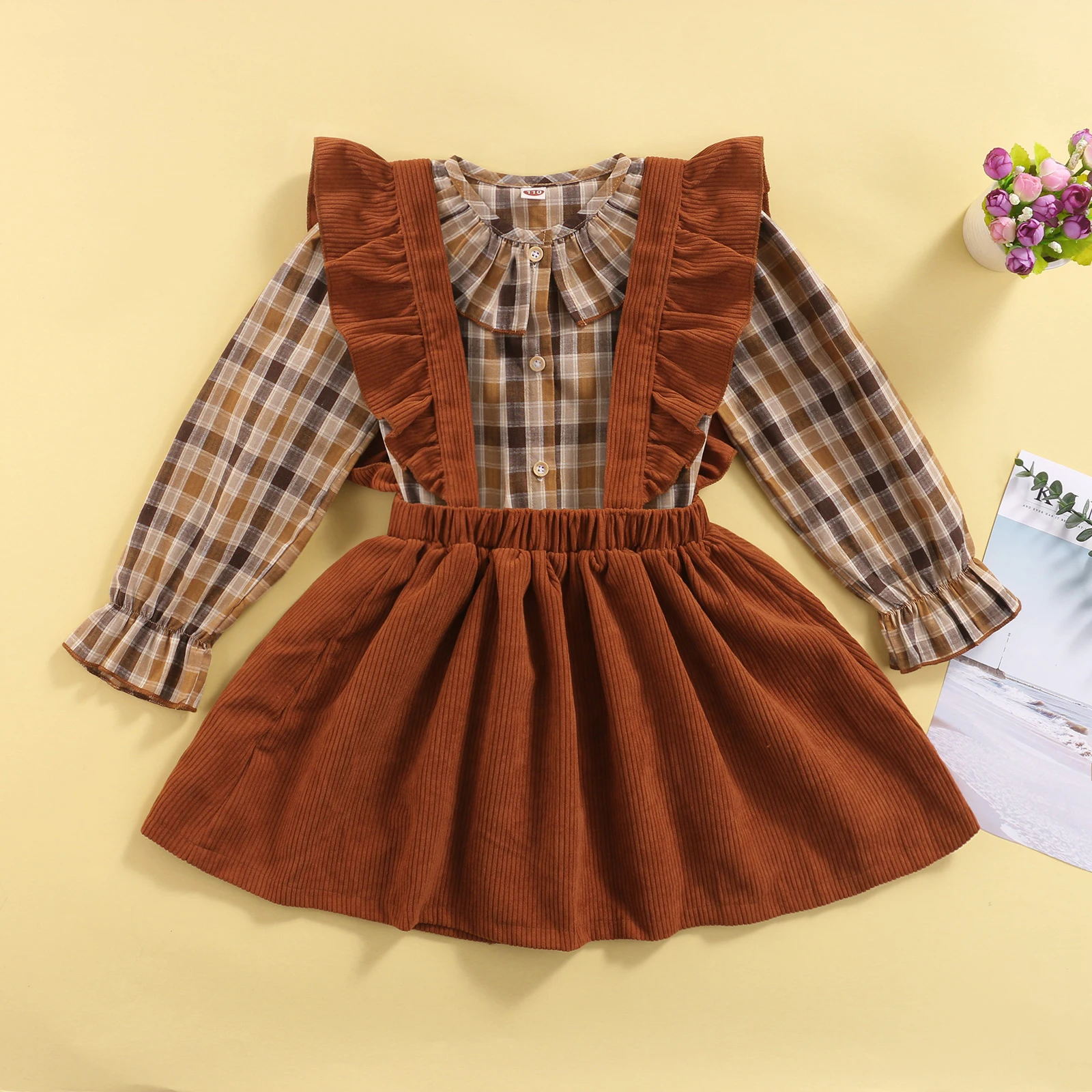 

Комплект из 2 предметов, Однотонная рубашка с воротником Питер Пэн и длинными рукавами, Однотонная юбка на лямках с оборками, наряд для малыш...