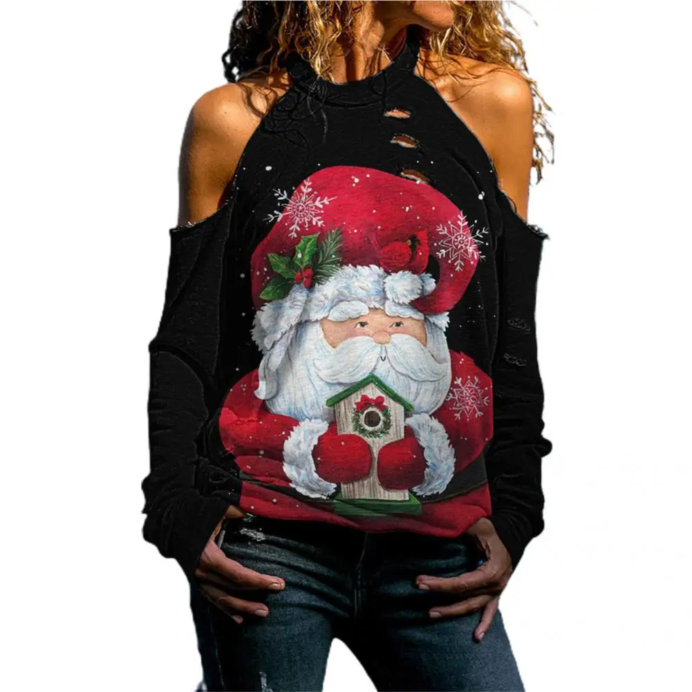 

Popular Women Blouse Long Sleeve Skin-friendly Casual Blouse Elk Snowflake Print Christmas Blouse