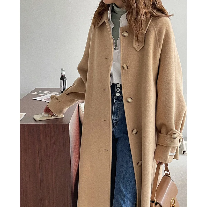 

Korean Winter 2021 Handmade Single Breasted Double Faced Lacing Belt Long 100% Wool Coat Women Loose Woolen Oversized Overcoat