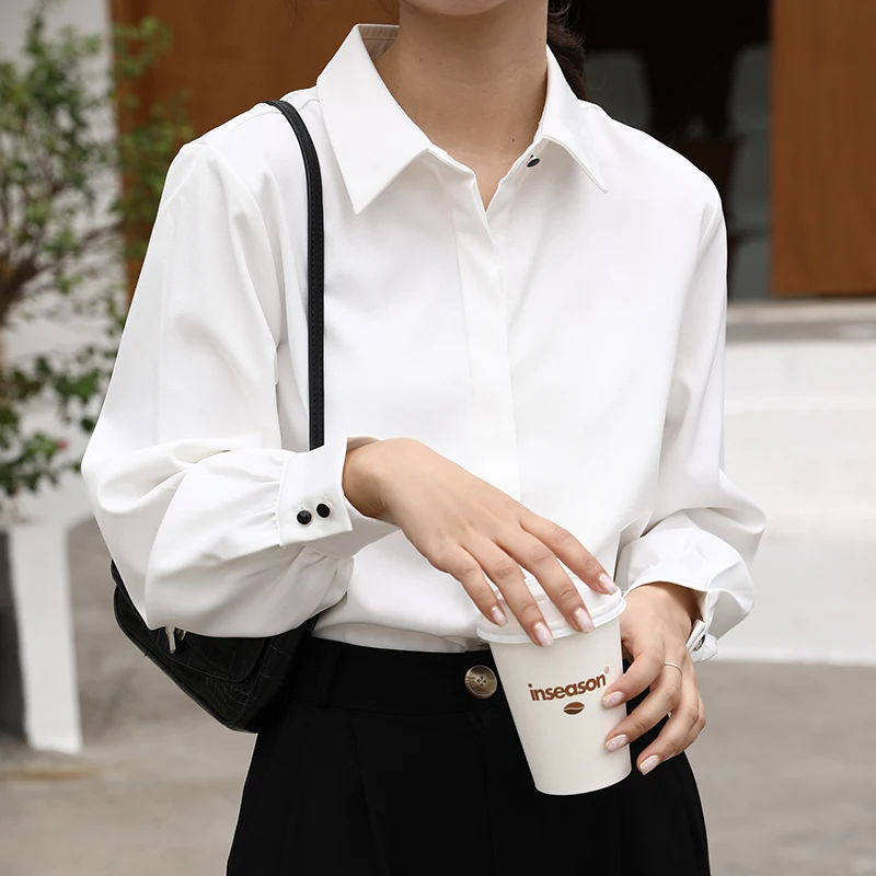 

OL Style Formal Women White Shirts Turn-Down Collar Blouse Tops Elegant Workwear Female Blusa Single-Breasted Shirts Long Sleeve