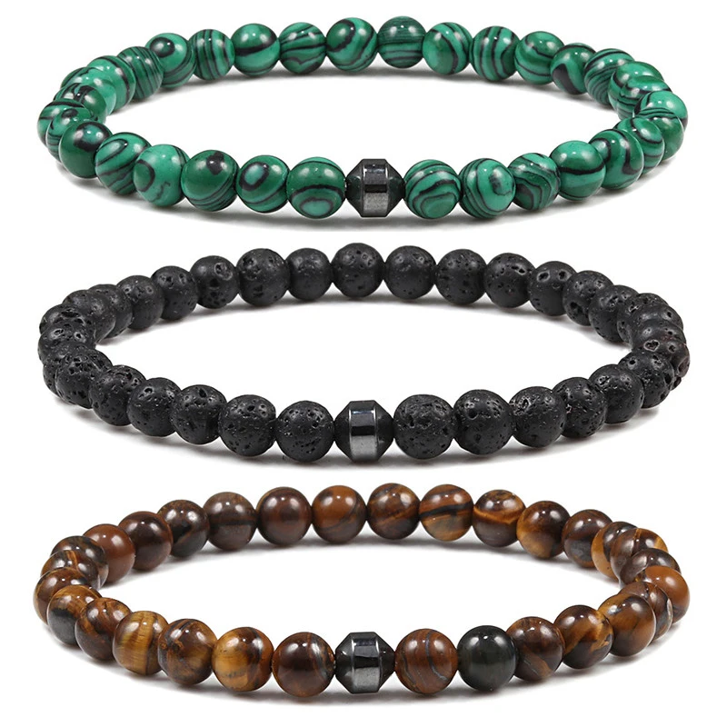 

Men Cylinder Hematite Black Lava Beads Bracelets 6mm Natural Tiger Eye malachite Stone Beaded Bracelet Bangle Women Yoga Jewelry