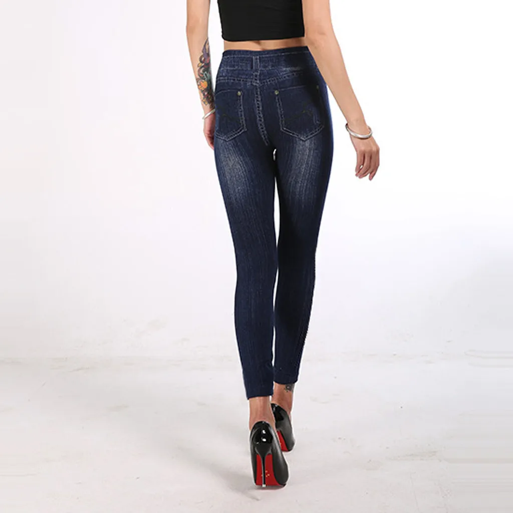 Модные женские леггинсы джинсы с принтом штаны подтяжки бедер обтягивающие