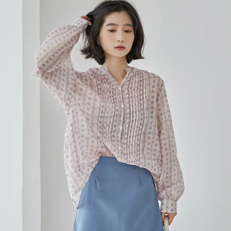 

Women Loose Casual Shirts New Arrival 2021 Spring Korean Style V-neck Print All-match Ladies Elegant Long Sleeve Tops W047