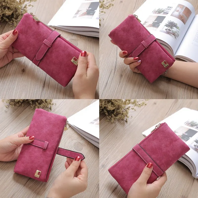 

Women Retro Matte Wallets PU Leather Long Purse Clutch Money Bag Female Draw Strap Vintage Wallet Fashion Credit Card Holder