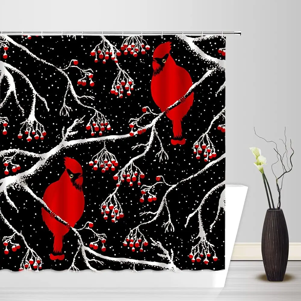 

Landscape Shower Curtain Winter Snowy Day Pine Tree Branch Snowflake Berry Rustic Vintage Holiday Scenery Home Bathroom Curtain