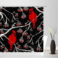 landscape shower curtain winter snowy day pine tree branch snowflake berry rustic vintage holiday scenery home bathroom curtain