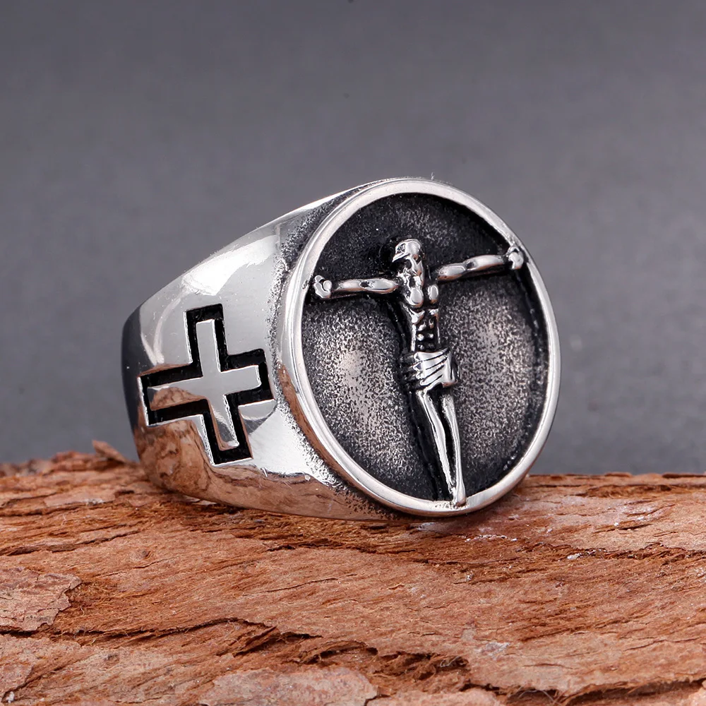 

316L Stainless Steel Men Rings Religion Christian Jesus Good Friday Ring Cross Ring Punk Rock for Male Boyfriend Ring Jewelry