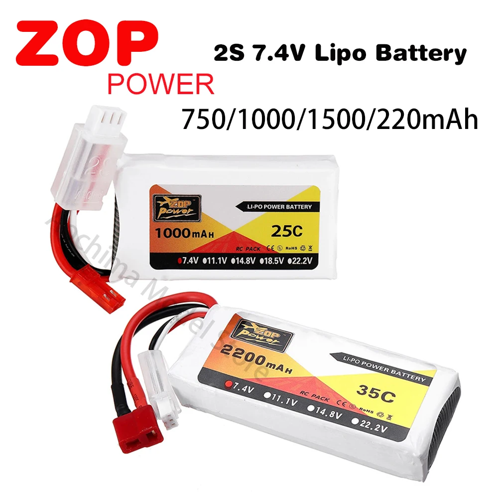 

ZOP Power Battery 2S 7.4V 750mAh 1000mAh 1500mAh 2200mAh 25C/35C/40C/70C Lipo Battery W/ JST/T/XT60 Plug for RC FPV Drone Car