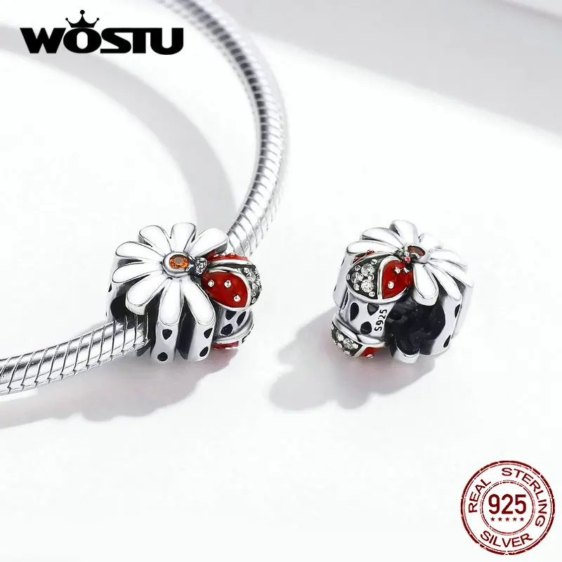 WOSTU Настоящее серебро 925 пробы божья коровка цветок шарм подходит для