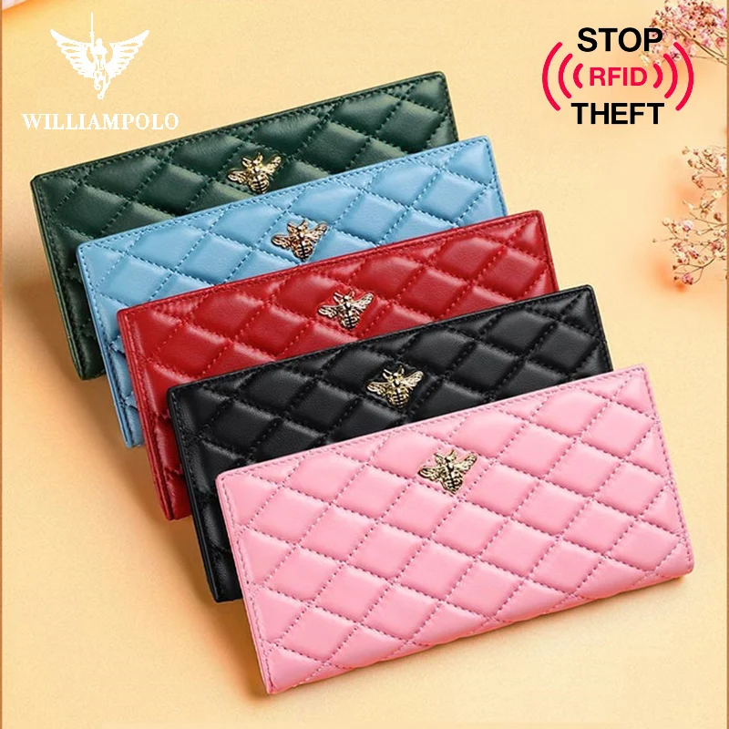 Модный кошелек из овчины RFID длинный женский ультра тонкий двойной держатель для