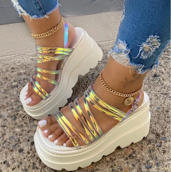 Женские шлепанцы из ПВХ на танкетке босоножки очень высоком каблуке с прозрачной