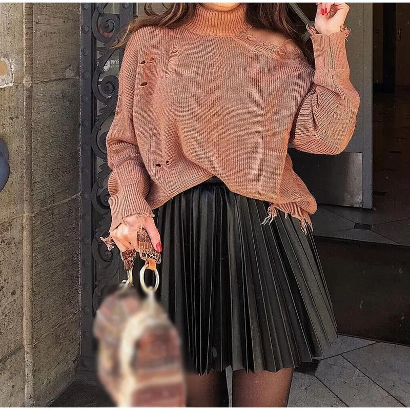 

FAKUNTN Women's Mini Skirt Pleated Faux Leather High Waist Sexy Black Female Short Skirt 2021 Autumn Winter Fashion Ladies
