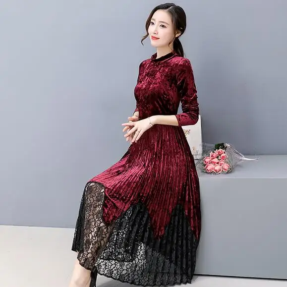 Платье миди с длинным рукавом винтажные платья осенняя бархатная женская одежда