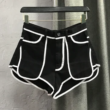 

Шорты женские с завышенной талией, в европейском стиле, Новинка лета 2020, универсальные облегающие брюки контрастных цветов, женские джинсов...