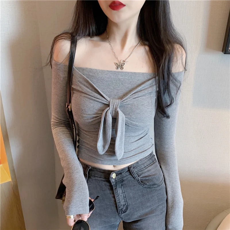 

2020 Autumn New Chic Sexy Off Shoulder Slash Neck T Shirts Korean Long Sleeve Solid Knit Female Tee Tops Vintage Fashion T-shirt