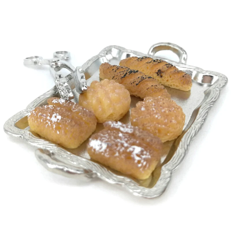 

8Pcs/Set 1:12 Cute Miniature Dollhouse Miniature Accessories Silver Tray + Silver Clip + 6 Breads Kitchen Toy Accessories