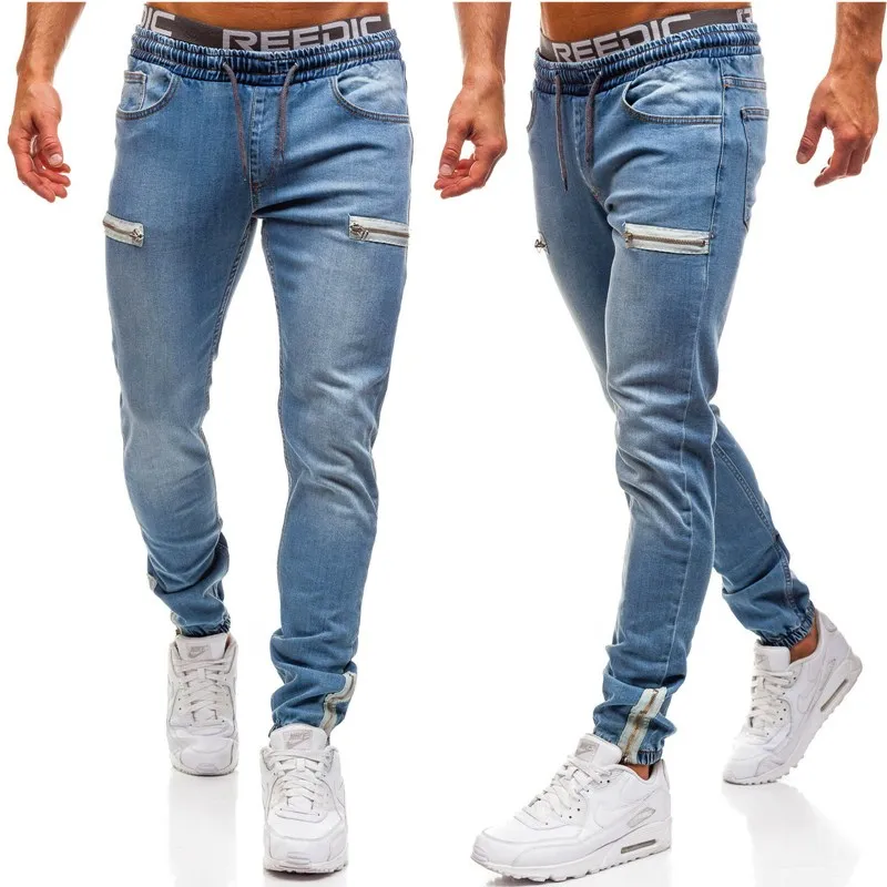 Light blue Мужская одежда хип-хоп спортивные штаны обтягивающие джинсовые мотоциклетные брюки дизайнерские черные джинсы на молнии мужские повседневные мужские джинсовые брюки - Цвет: Light blue