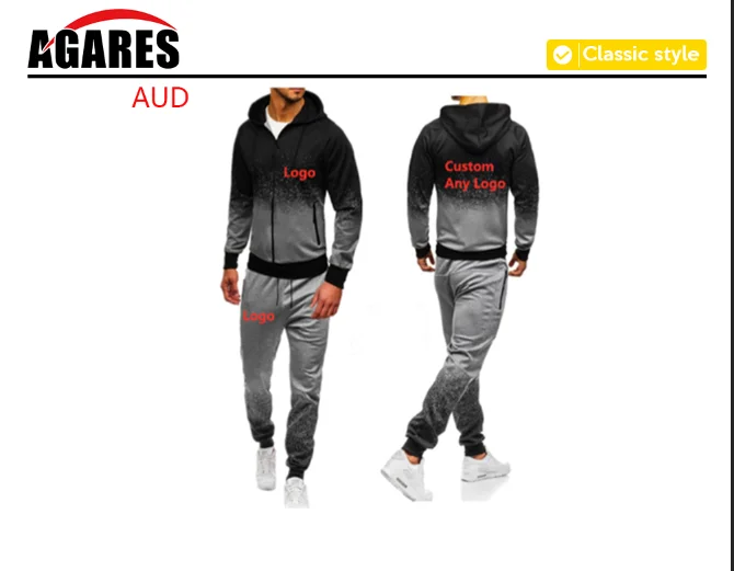 grey For Men's Design Logo Hoodies Harajuku Man Gradient color Hooded Fleece zipper Jacket Sweatshirt Sweatpants Suit 2pcs - Цвет: grey