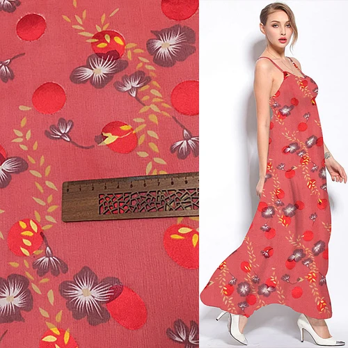 

Шелковая ткань с цветочным принтом и листьями на красном шелке, SBO061