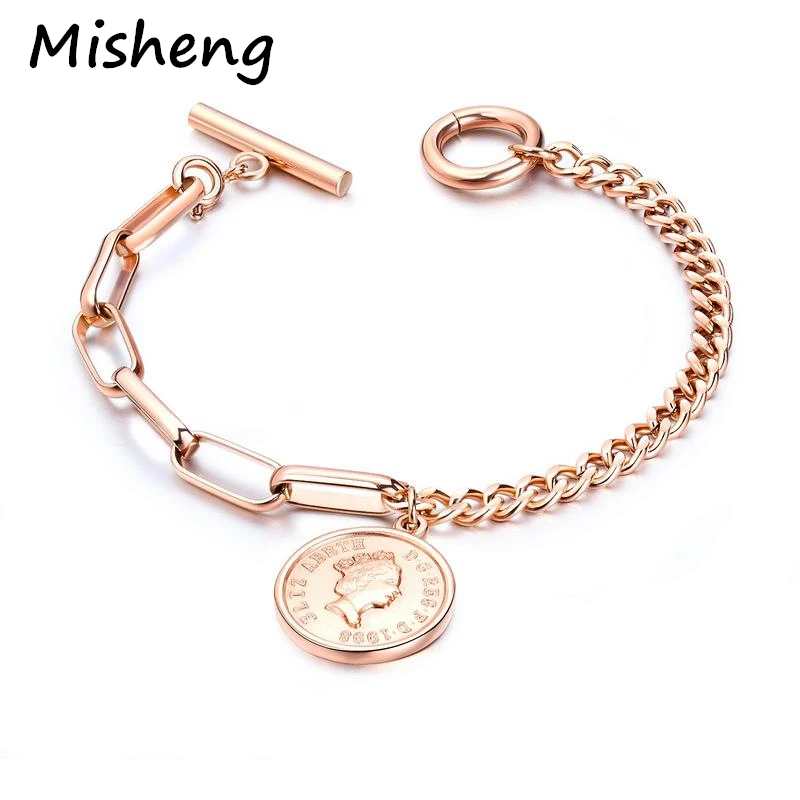 Misheng Новая европейская Монета Женская браслет из розового золота нержавеющей