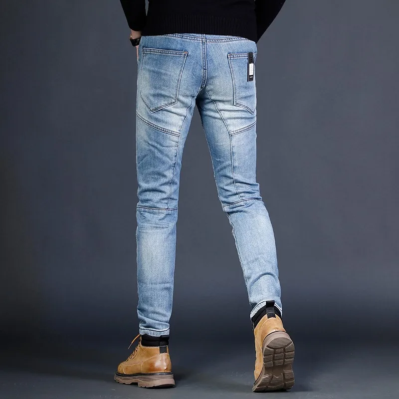 2022 New Fashion Blue Jeans Men Casual Slim Fit Pencil Pants Mens Patchwork Jean Streetwear Biker Denim Trousers