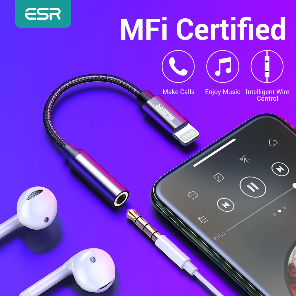 Адаптер ESR для Lightning MFI 3 5 мм разъем наушников Aux аудио iPhone 11 Pro Max 7 8 Plus XR XS X адаптер