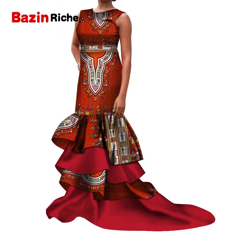 Bazin Riche African Women Clothing Sexy Patchwork Sleeveless Long Mermaid Dresses Party Vestidos African Print Dresses WY4918