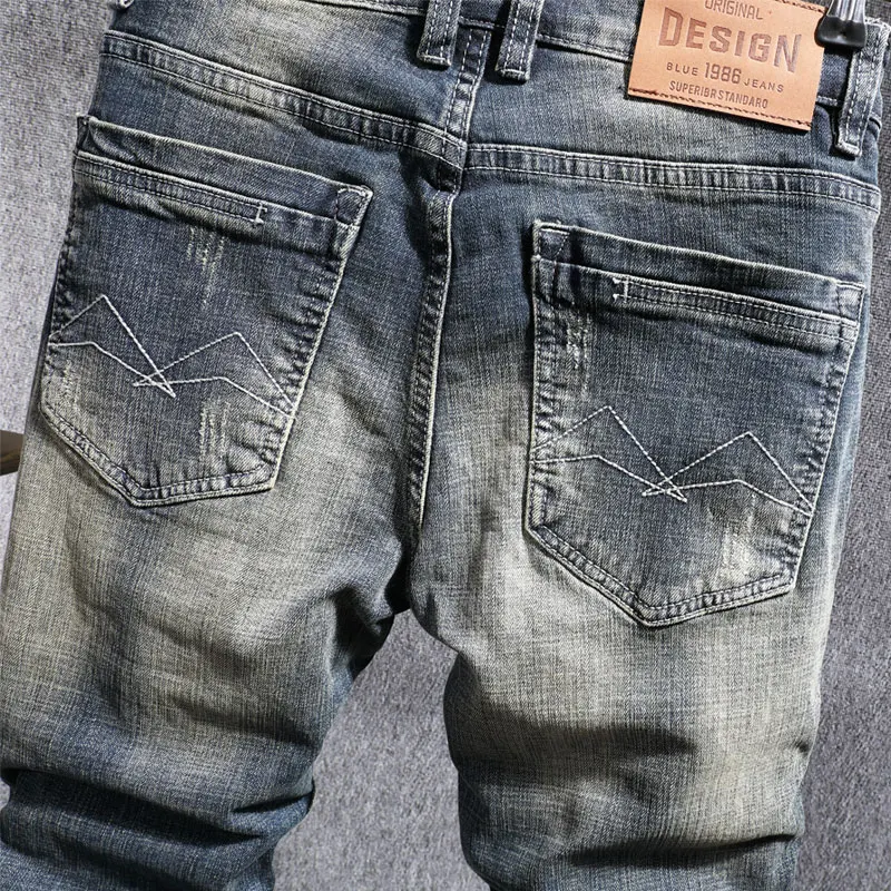 European Vintage Fashion Men Jeans Retro Blue Distressed Washed Slim Fit Ripped Jeans Men Designer Elastic Casual Denim Pants