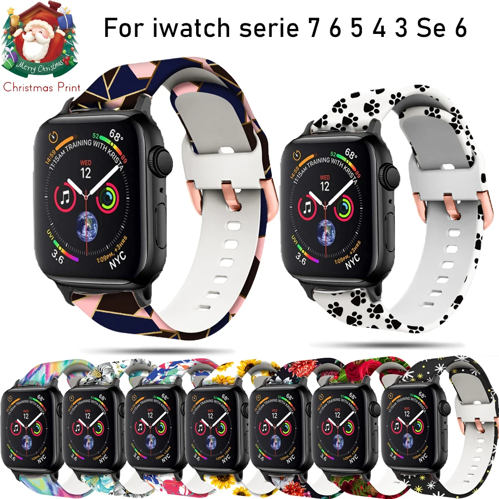 

Силиконовый ремешок с принтом для Apple smartWatch 7 Band 41 45 мм, спортивный браслет для iWatch 38 мм 42 мм 40 44 мм Series 6 SE 5 4 3 2