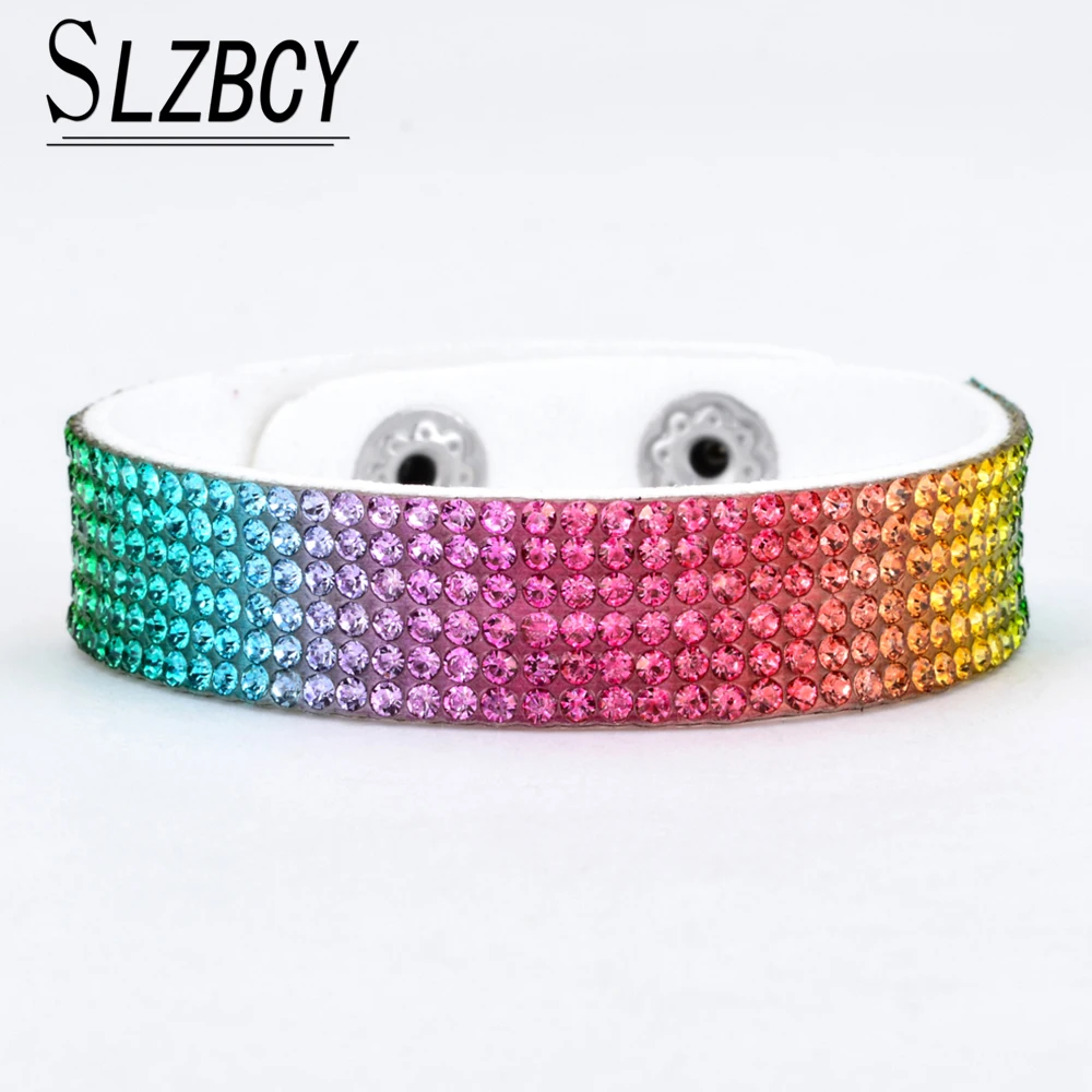 Женские широкие кожаные браслеты многослойные Стразы цветной оберточный