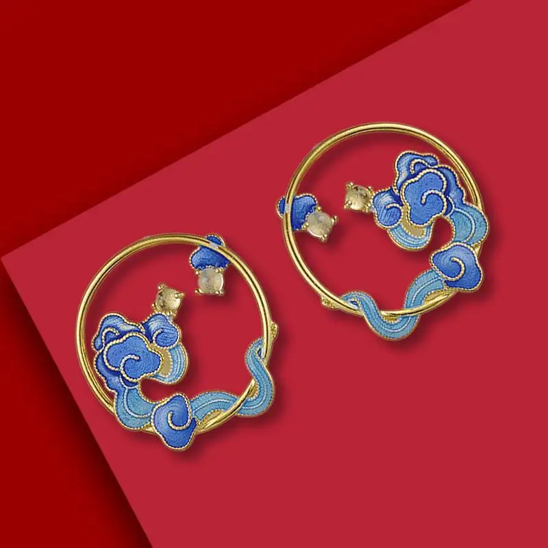 

Original Craft Design Xiangyun Moonstone Unknown Earrings Real Sterling Silver Cloisonne Enamel Jade Female Eardrop Earring