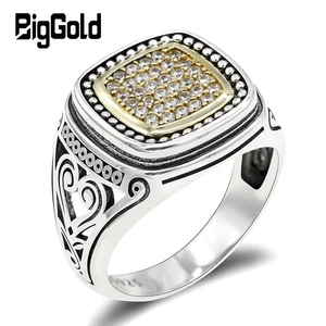 Мужская Серебряная печатка 925 пробы, Винтажное кольцо с прозрачным кубическим геометрическим узором, с резным узором, Подарочная бижутерия на годовщину