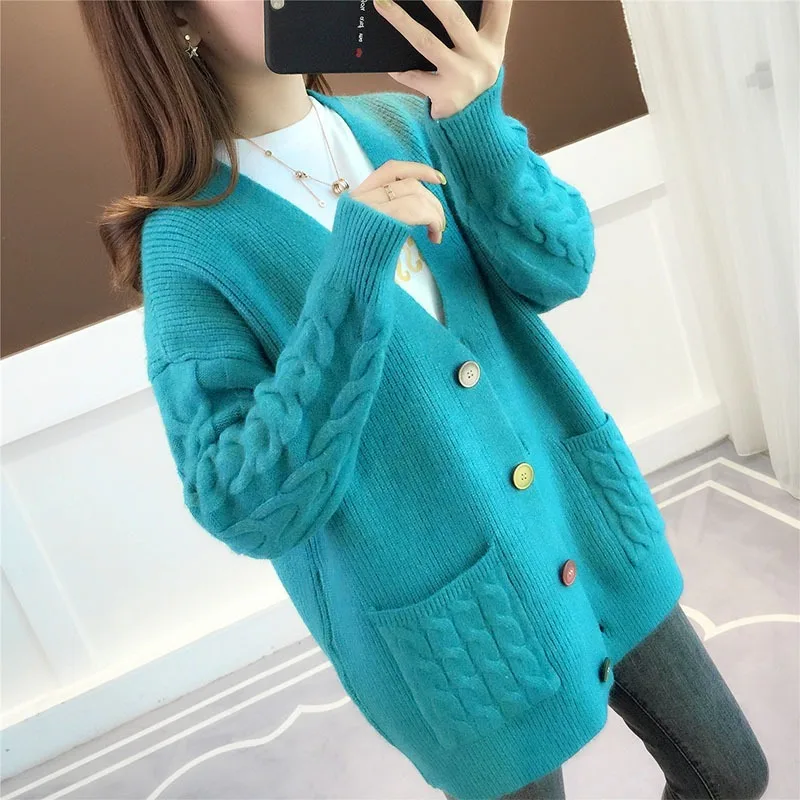 Осенне зимний женский свитер кардиганы оверсайз с V образным вырезом вязаные