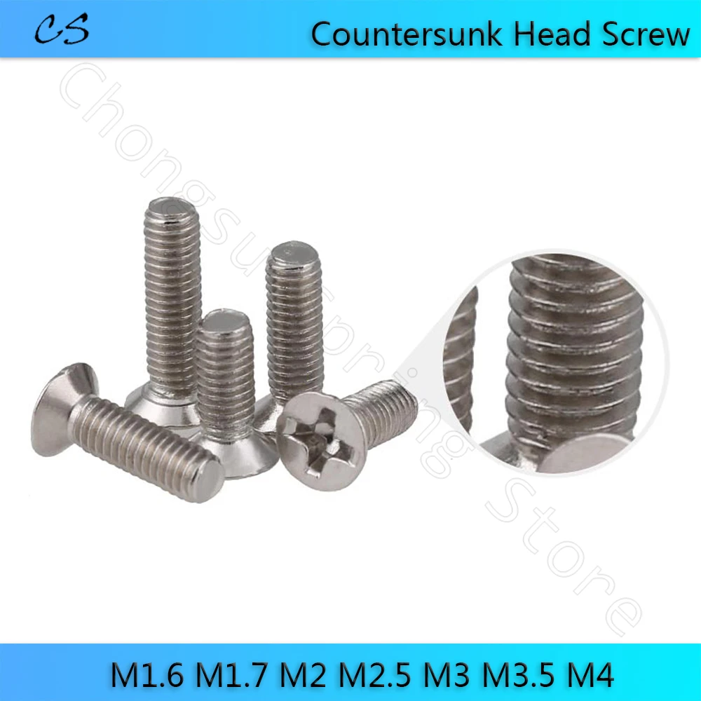 

50Pcs Flat Head Phillips Screws M1.6 M1.7 M2 M2.5 M3 M3.5 M4 Carbon steel Grade 4.8 Nickel Plating Flat Countersunk Head Screw