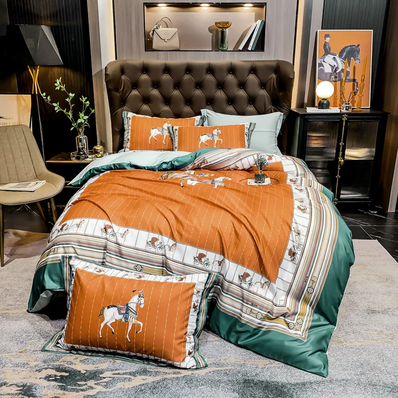 

Luxurious 4pcs Bedding Sets Tropical Printing 60s Washed Tencel Queen King Size Duvet Cover Bed Linen Silk Sheet Pillowcase