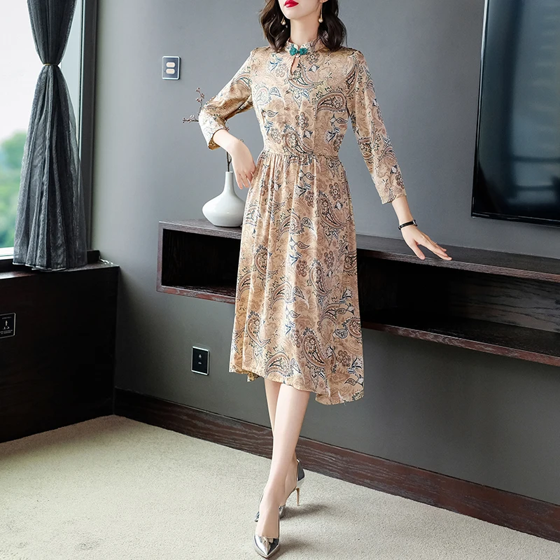 

COIGARSAM 4XL Plus Size Print Women dress New Spring Summer Stand Neck High Waist Dresses Design And Color 320