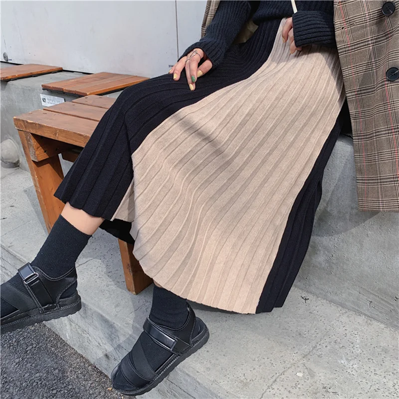 KINOMI зимняя женская вязаная плиссированная длинная юбка цветная Лоскутная с