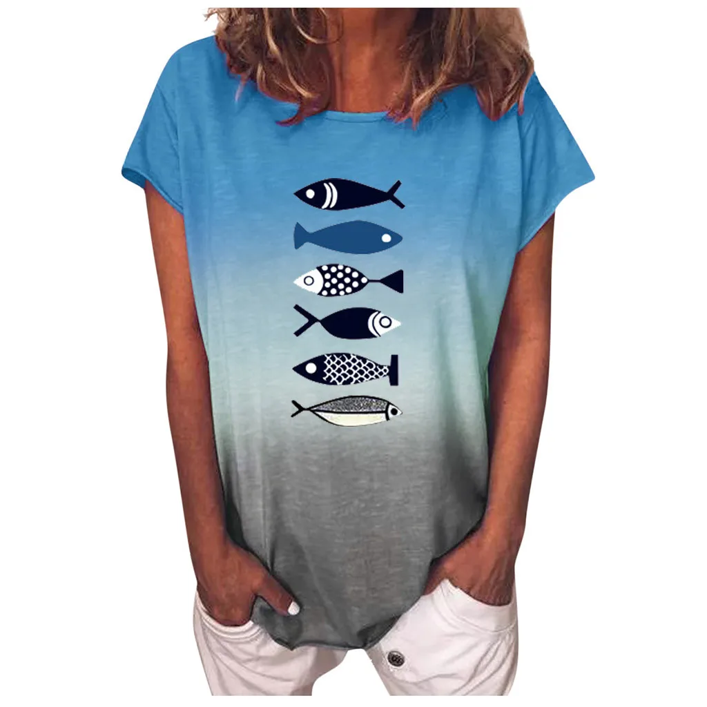 

Fashion t shirt Women Gradient Print O-Neck Short Sleeves T-Shirt summer Tops high quality ropa mujer