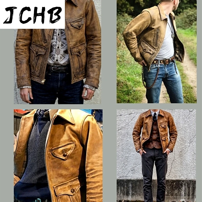 

Free Newsboy shipping,Classic jacket.warm vintage brown Batik cowhide coat.men fashion genuine leather outwear