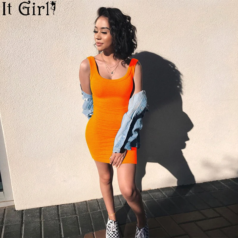 Неоново зеленое трикотажное платье в рубчик для фитнеса лето 2019 Повседневная