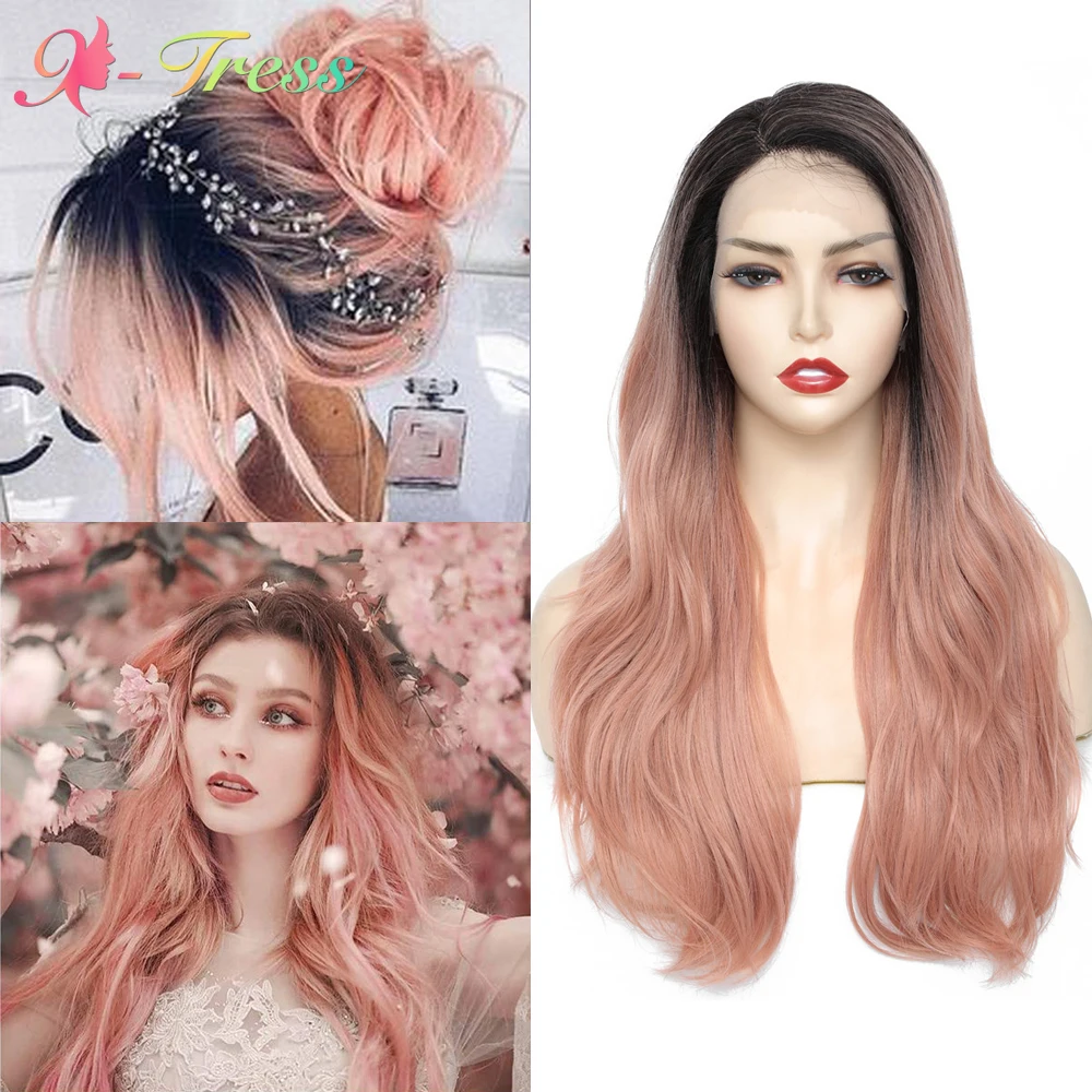 Long Wave Pink Wig for White Women Synthetic Lace Front Wigs with Natural Hairline Dark Roots Ombre Rose Golden Lace Wig X-TRESS