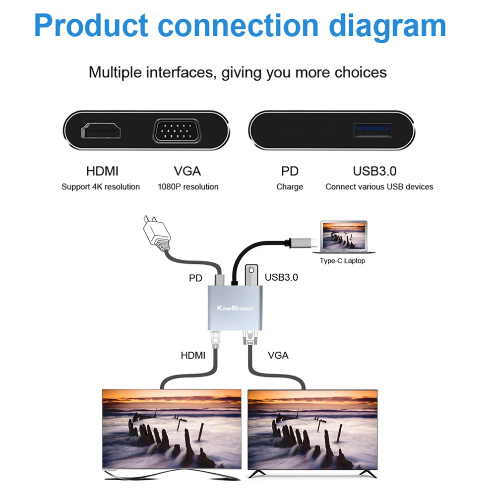 KawBrown 4 в 1 мульти USB C док станция адаптер расширяется к 3 0/HDMI/VGA выход/PD Зарядка для